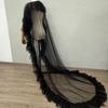 Women Multi Layer Ruffle Tulle Cape Long Train Sheer Mesh Cloak Detachable Pearl Strap Bridal Wedding Cover UpEvening dress Dance party attire