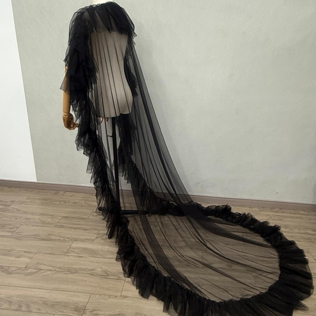 Women Multi Layer Ruffle Tulle Cape Long Train Sheer Mesh Cloak Detachable Pearl Strap Bridal Wedding Cover UpEvening dress Dance party attire