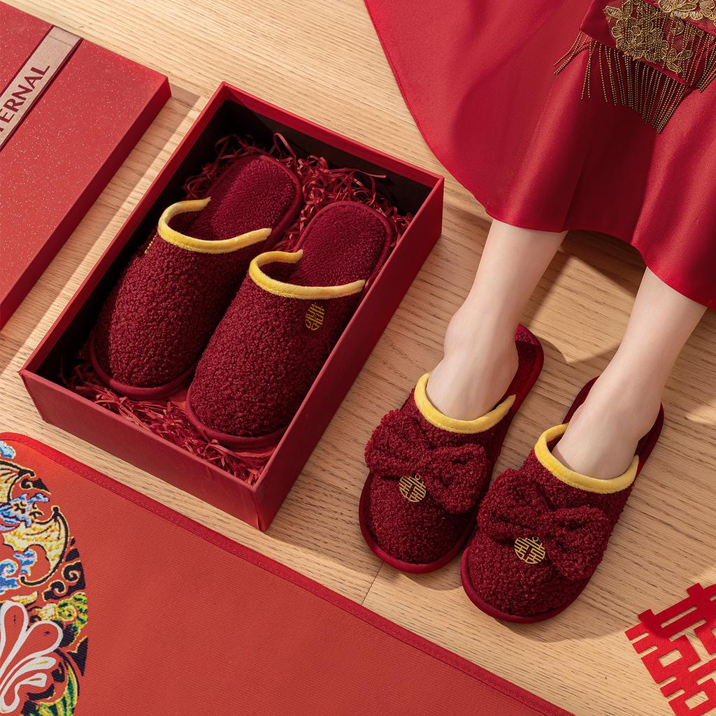 Wedding slippers festive red a couple bride dowry light luxury high sense newlywed natal red slippers