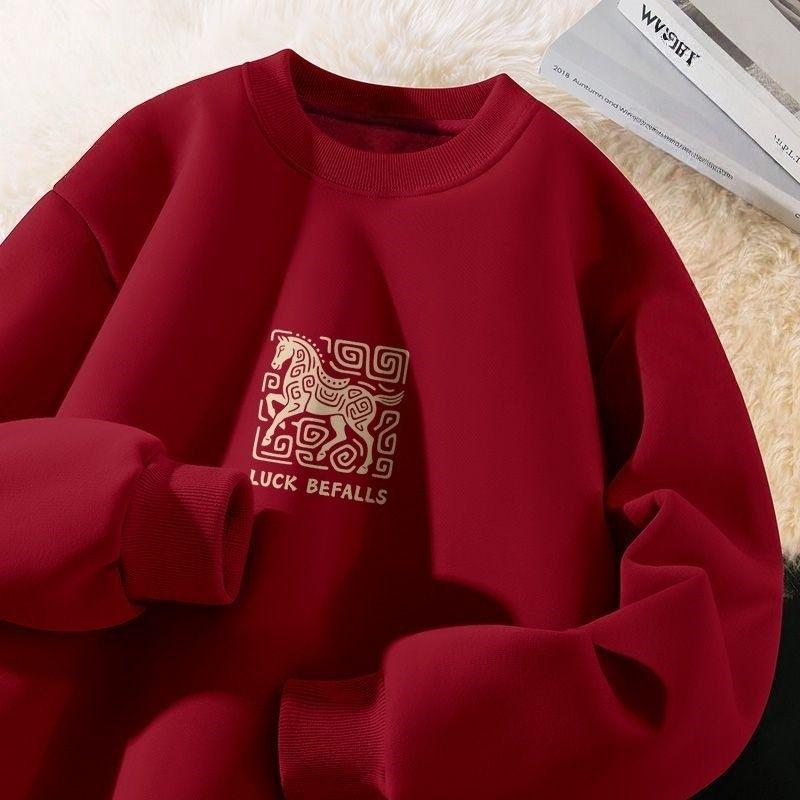 Men's Year of the Horse Red Coral Fleece Hoodie with Velvet Lining - Loose Fit, Pure Cotton, Round Neck