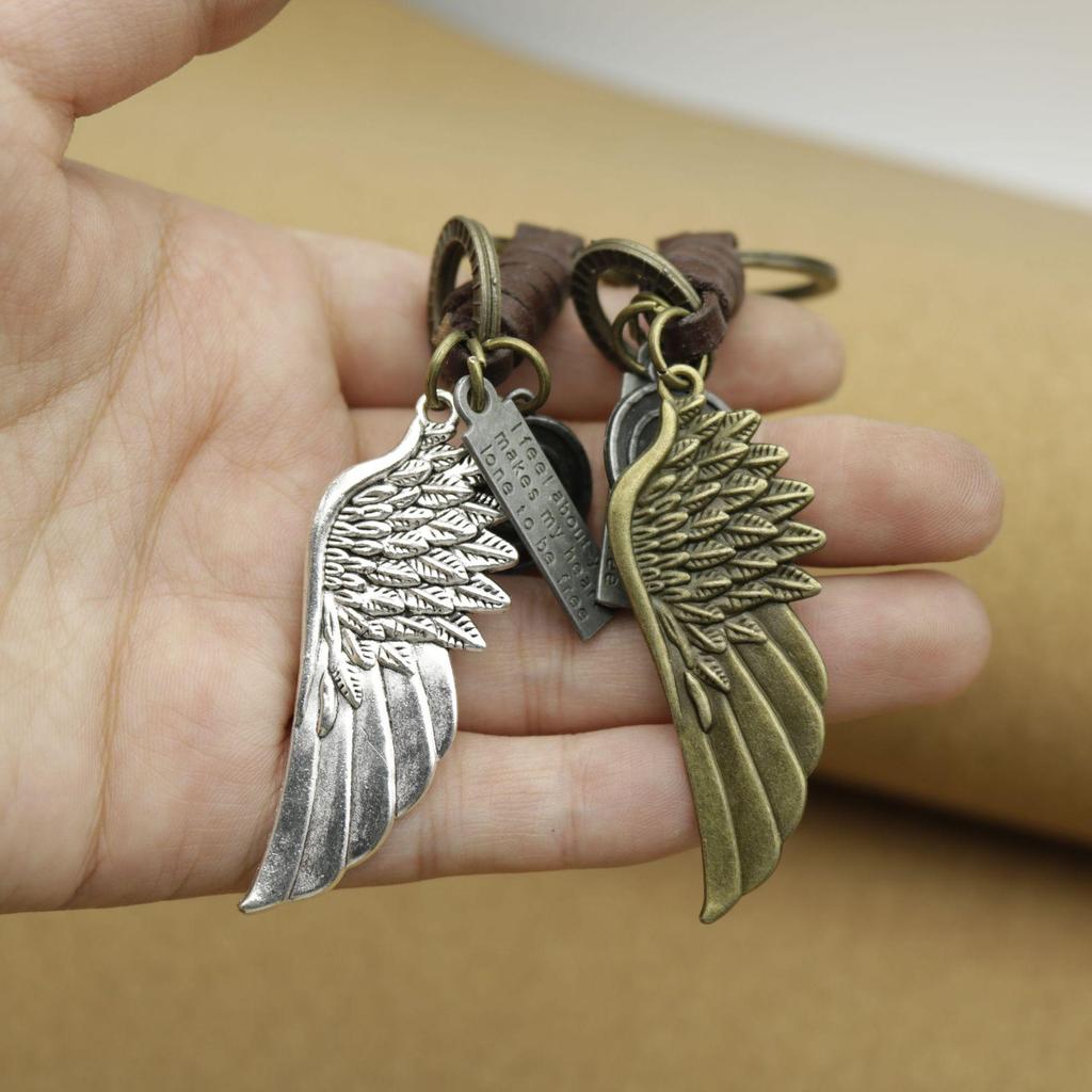 Men's Antique Bronze Wing Keychain with Woven Leather Pendant