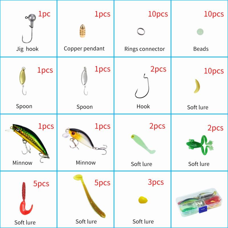 Fishing Lure Set 56pcs Hard Soft Baits Lead Jig Hooks Spinnerbaits Minnow Earthworm Freshwater Saltwater