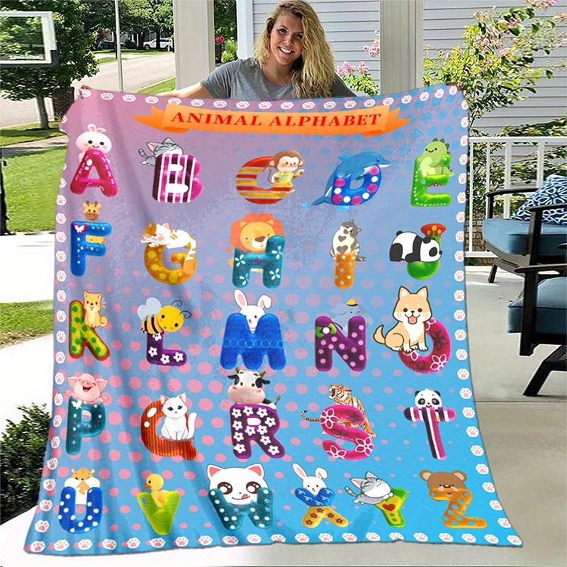 1pc Cozy Cute Little Animals Alphabet Print Blanket - Lightweight Flannel Throw For Sofa, Bed, Livingroom, Office, Couch, Travel