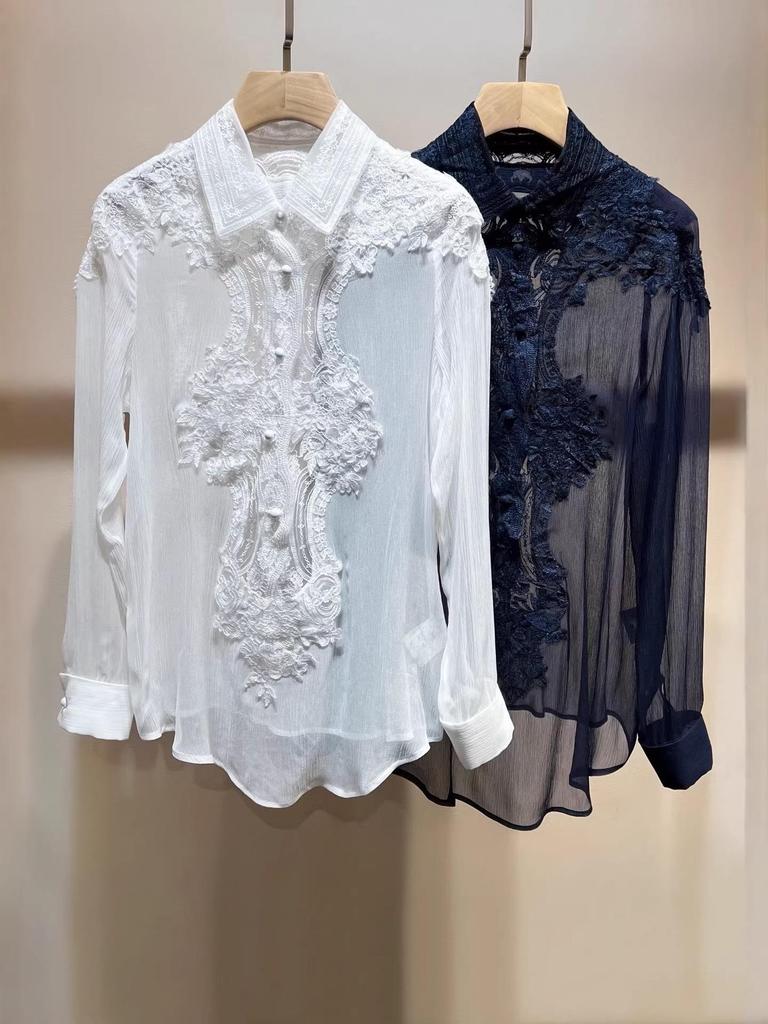 ES Elegant Lace Spliced Mulberry Silk V-neck Blouse with Embroidery
