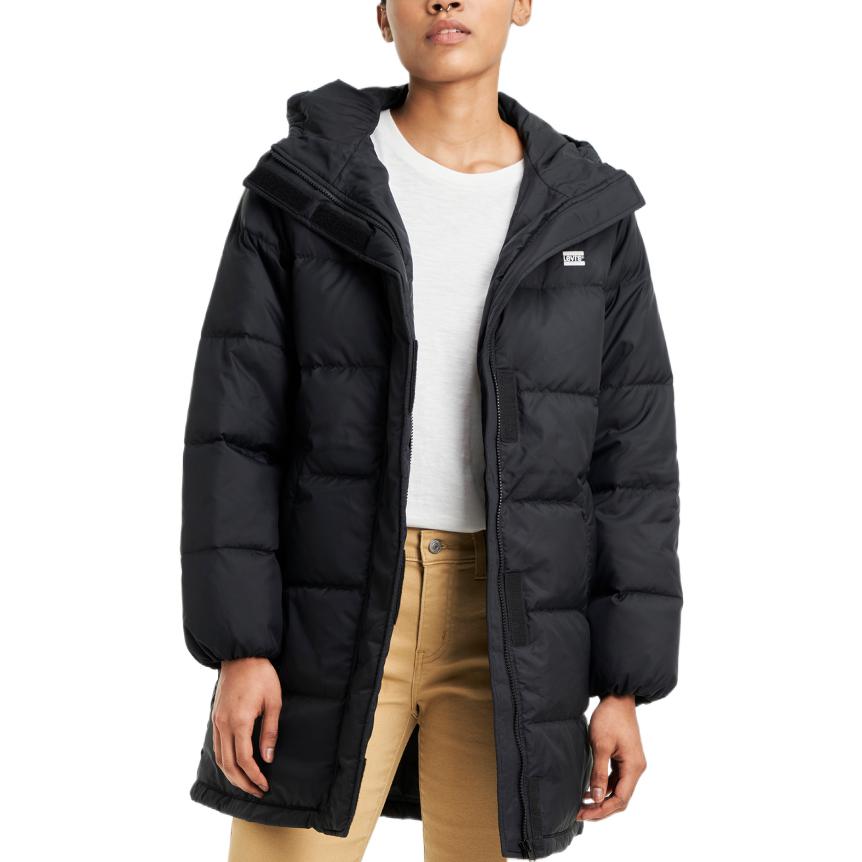 Levis FW22 Solid Color Mid-Length Hooded Long Sleeve Down Jacket Unisex Outerwear Black A3287-0000