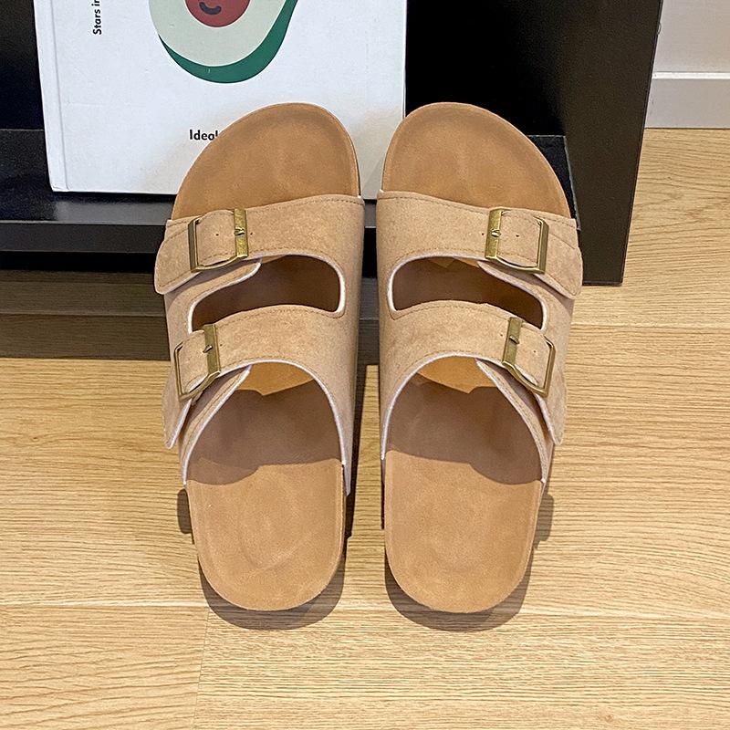 

Leather round head slippers 2025 summer wear versatile Japanese beach shoes cork matte buckle Boken sandals 35 хаки