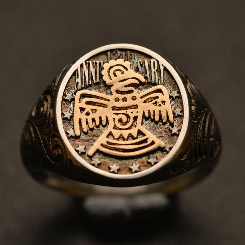 Мужское ретро кольцо-открывашка из тайского серебра с хвостом-печатью Золотой Громовой Птицы Adjustable Open Size