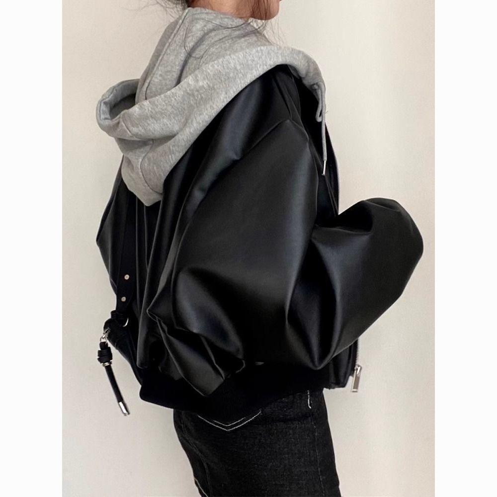 

Осенняя Ретро Кожаная Куртка на Пуговицах Повседневная Свободная Универсальная с Капюшоном Простой Стиль XL чёрный