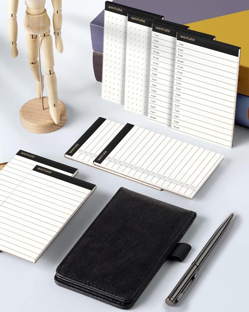 WEMATE Notebook A7 Horizontal Ruled Vertical Dotted Time Schedule 1 Metal Ballpoint 8 Pages in 4 with Card Pocket Pen PU Leather Meeting Daily Record