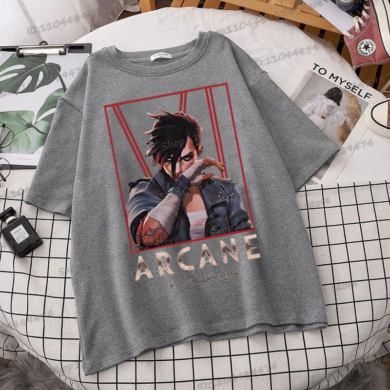 Arcane Vi Fashion Streetwear T-shirt for Men Women League of Legends Trending Clothes Jinx Anime Fans Gift Street Style Tshirts