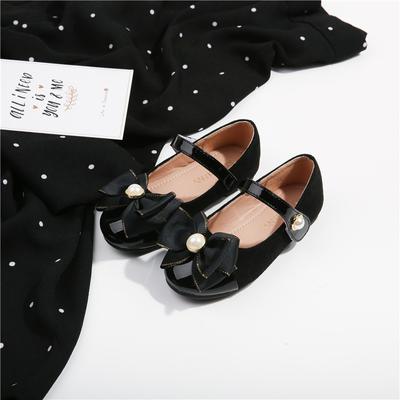 2024 Autumn Girls Shoes Sweet Pearl Princess Casual Leather Shoes Shallow Mary Janes Soft Black Bow Kids Shoes Dress Party Flats