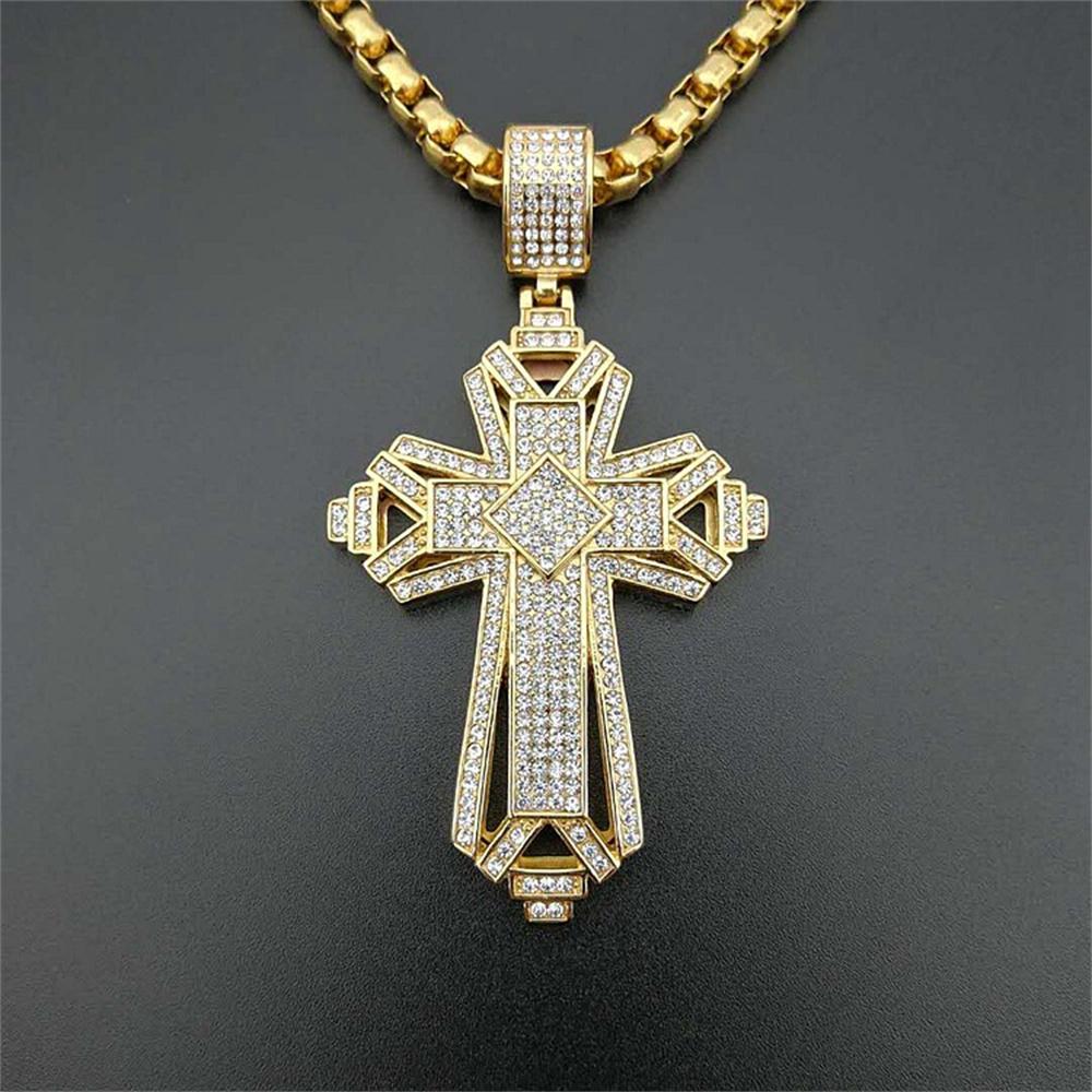 Hip Hop Iced Out Bling Jesus Cross Pendant Gold Color Stainless Steel Christian Big Necklace for Men Religious Jewelry Male Gift
