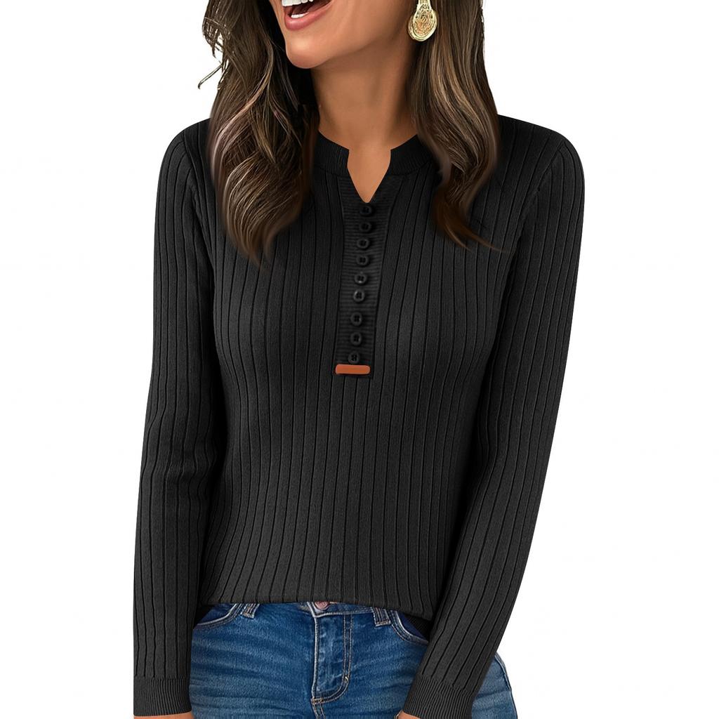 Women's Fashion Solid Color V-neck Long Sleeve Button Loose Bottom Knitted Sweater Top