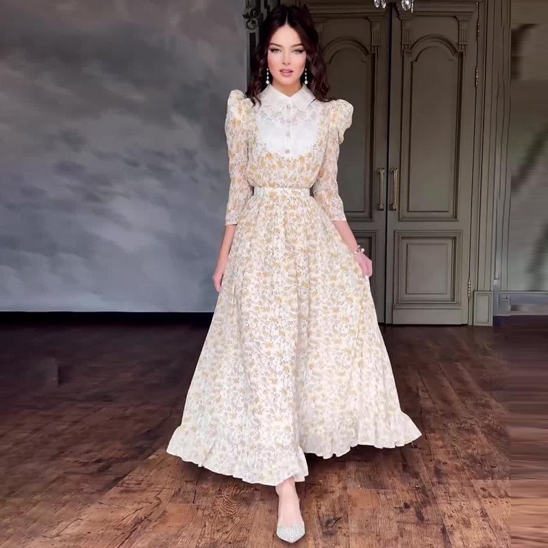 Vestido Slim de Encaje Floral para Mujer con Cuello Peter Pan