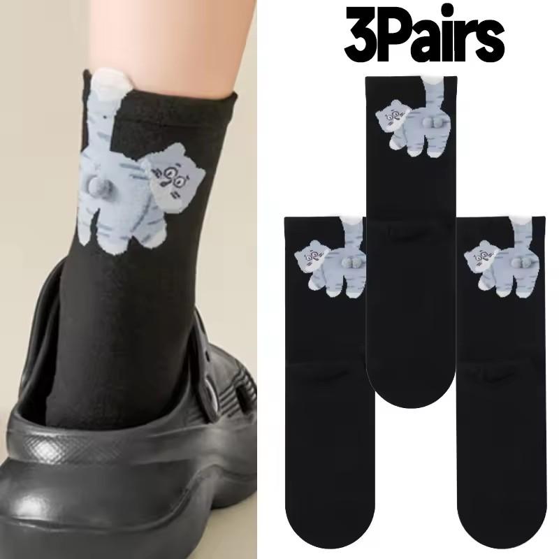 3D Cute Cat Socks Black/White Funny Cat Cotton Socks Breathable Soft Girl Women Novelty Stocking Kawaii Gift Sock Set