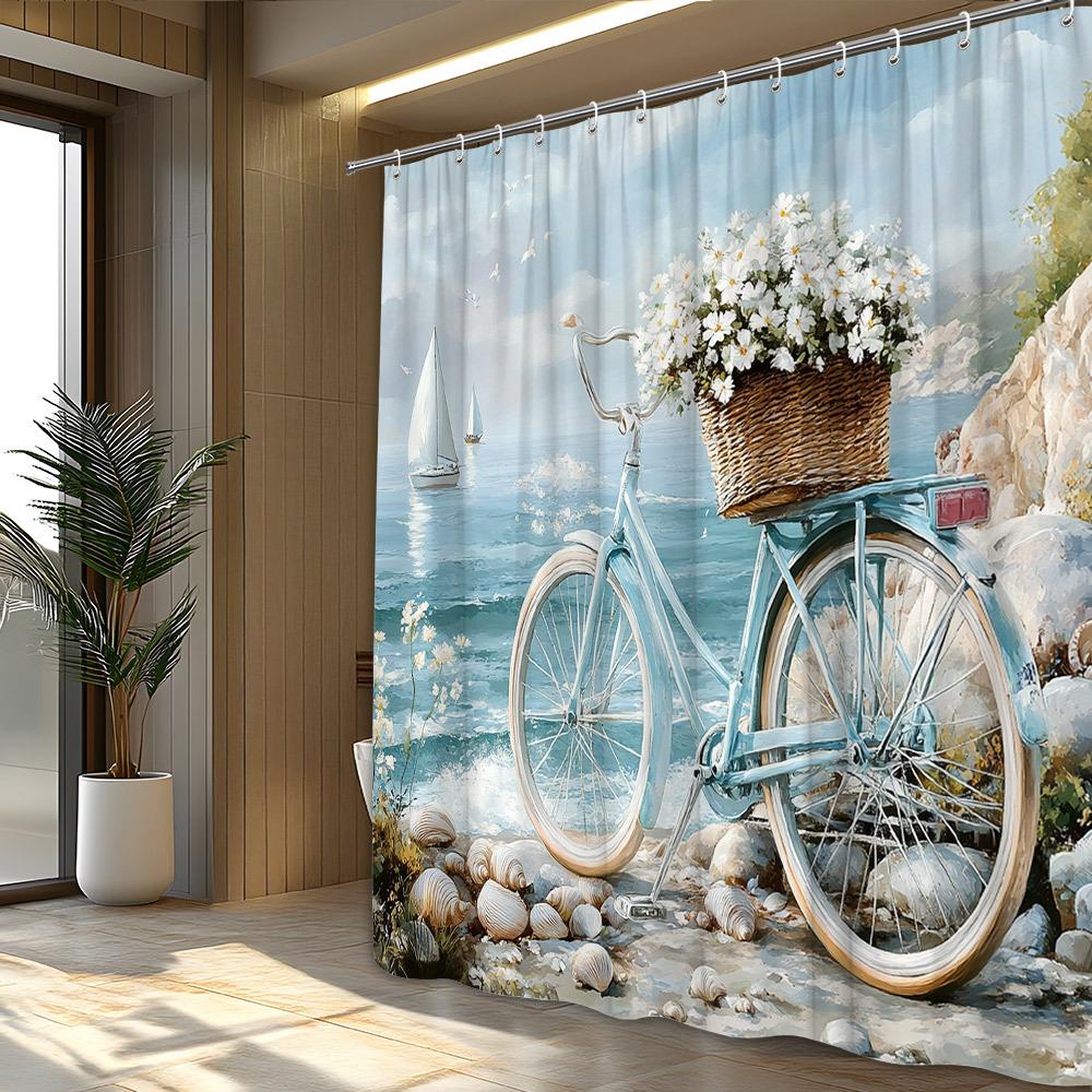 1pc Vintage Blue Bicycle Shower Curtain - Wicker Basket, Rocky Beach, Sailboats & Seagulls, Polyester, Bathroom Decor