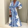 V-Neck Tie-Up Large Hem Maxi Dress Boho Retro Print 3/4 Flare Sleeve Beach Dress Female Clothing