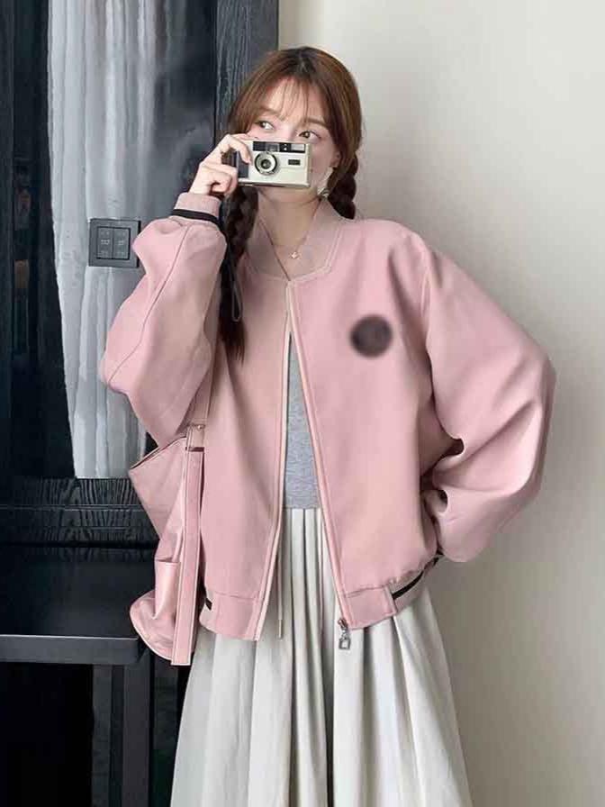 Women's Pink Retro Baseball Jacket: Casual, Loose, Slimming, Autumn/Winter College Style Outerwear.