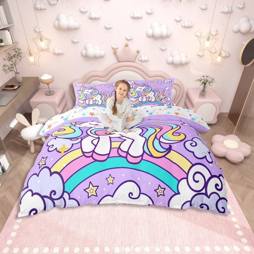 Homewish Juego de Funda Nórdica Princesa Sirena Soñadora Para Niños Juego de Cama Castillo de Cuento de Hadas Juego de Cama Reversible Escama de Pez Morada