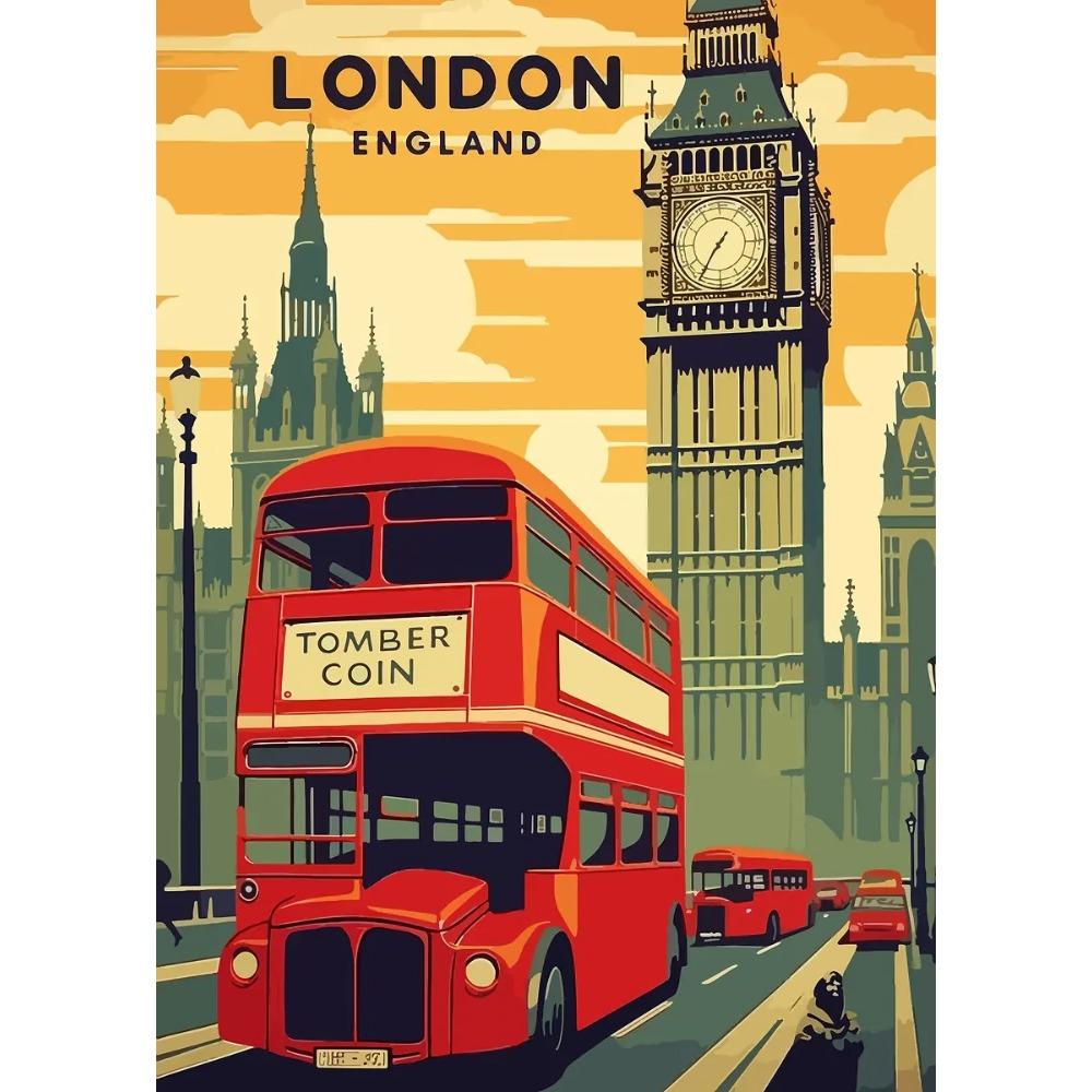 Retro Vibrant Cityscape Street Scene Posters London Double Decker Bus Prints Canvas Painting Wall Art Pictures Home Room Decor