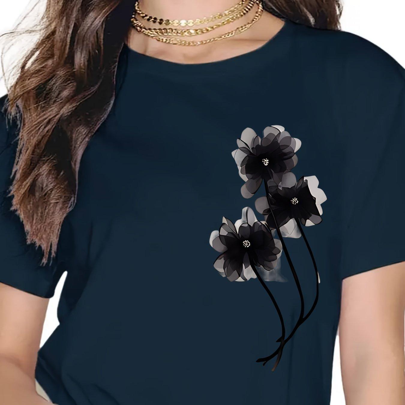 

Летний топ с круглым вырезом и цветочным принтом, модный повседневный, из чистого хлопка, с короткими рукавами, женские футболки 3XL