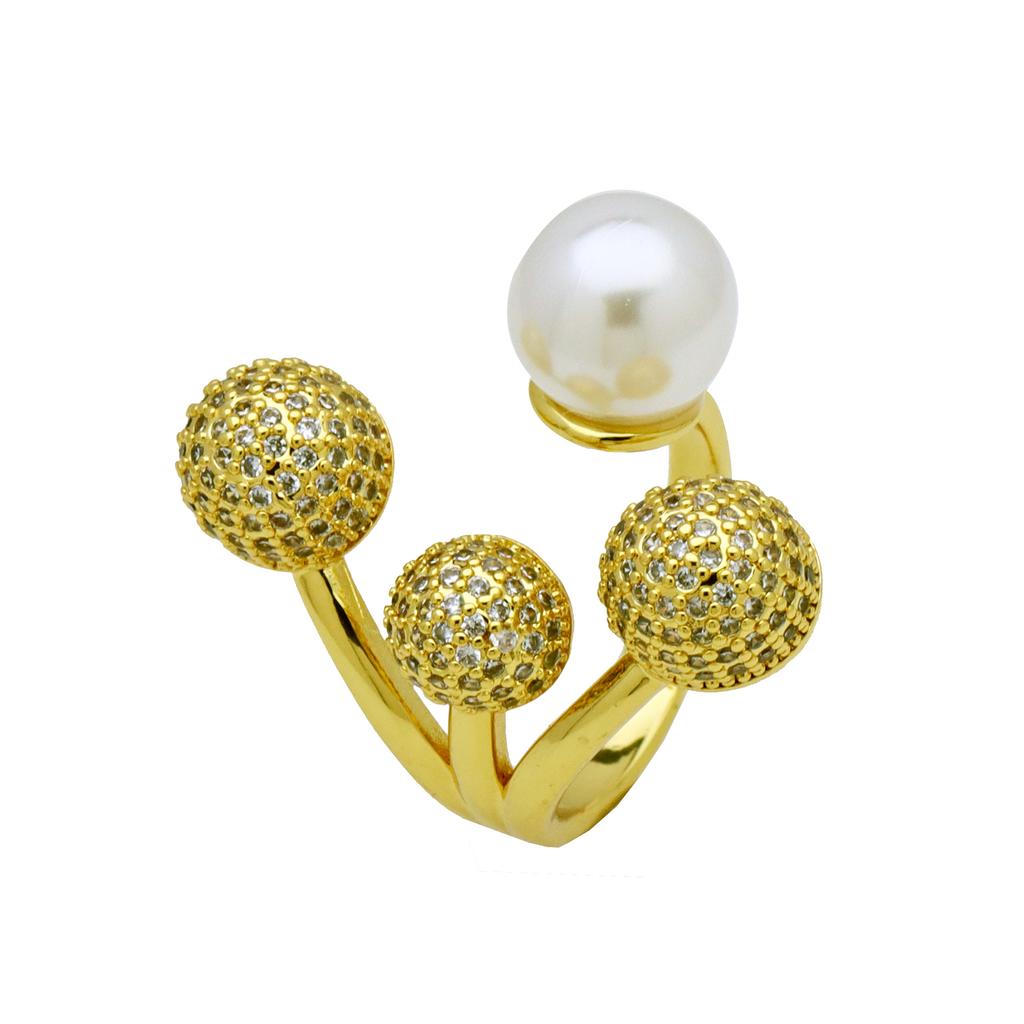 Round Ball Pearl Gold Plated Zirconium Open Ring Women'S Personality Light Luxury Premium Ring