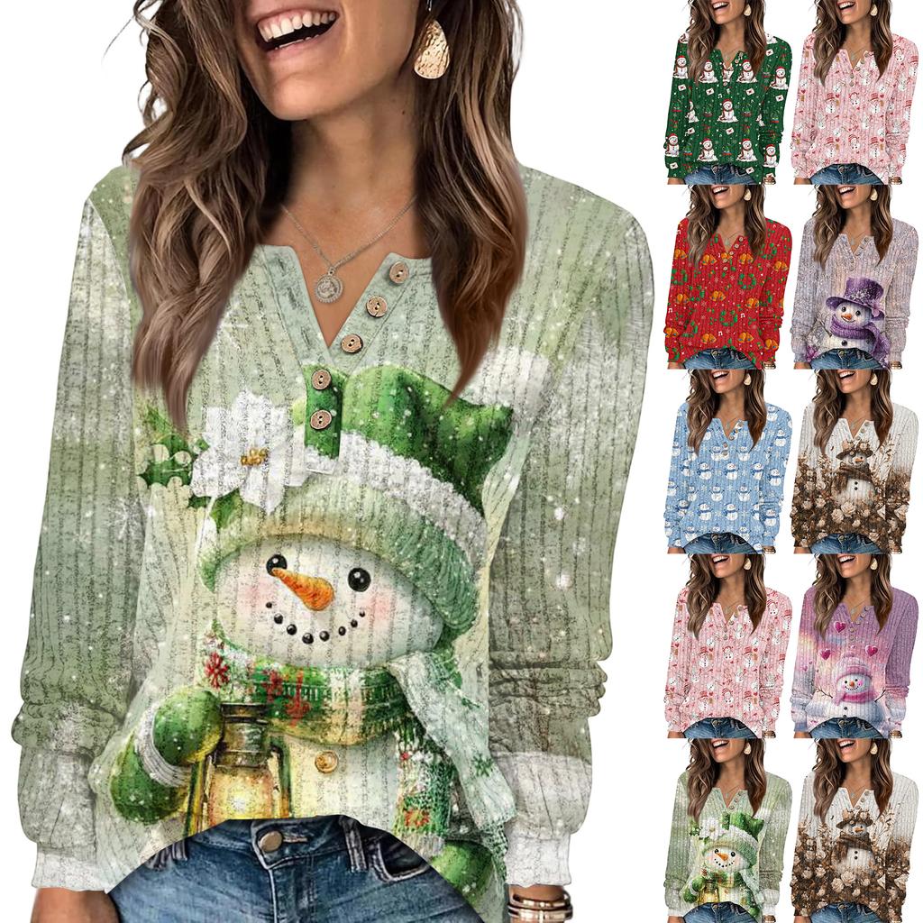 Women's Fashion V-Neck Button-Up T-Shirt With Christmas Print Long-Sleeved Top