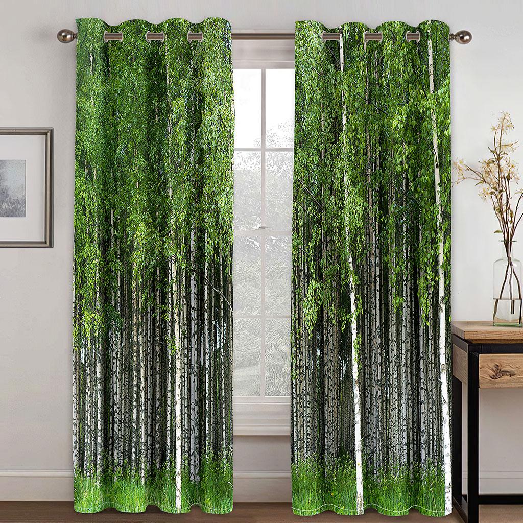 3D Forest Maple Leaf Natural Scenery Sunset Green Trees Design Thin 2 Pieces Curtains for Living Room Bedroom Window Drape Decor