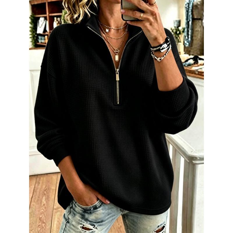 Women Loose Half Zip Half Collar Waffle Knit Hoodie Long Sleeve Pullover