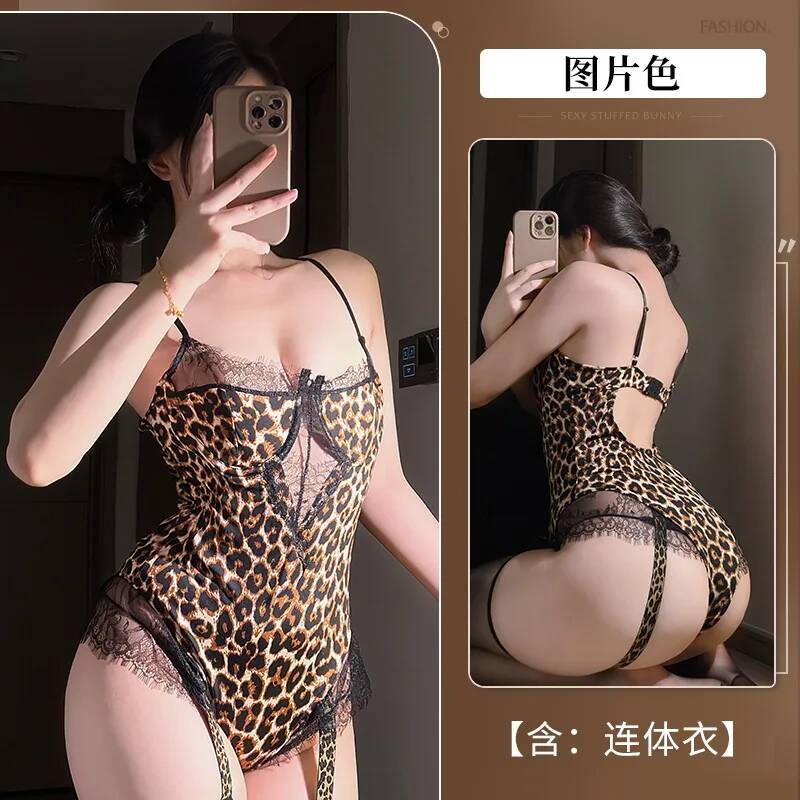 Sexy Passionate Bodysuits Hot Leopard Print Sexy Lace Pure Desire Nightwear Backless Deep V Suspenders Sleeveless Bodysuits Uy06