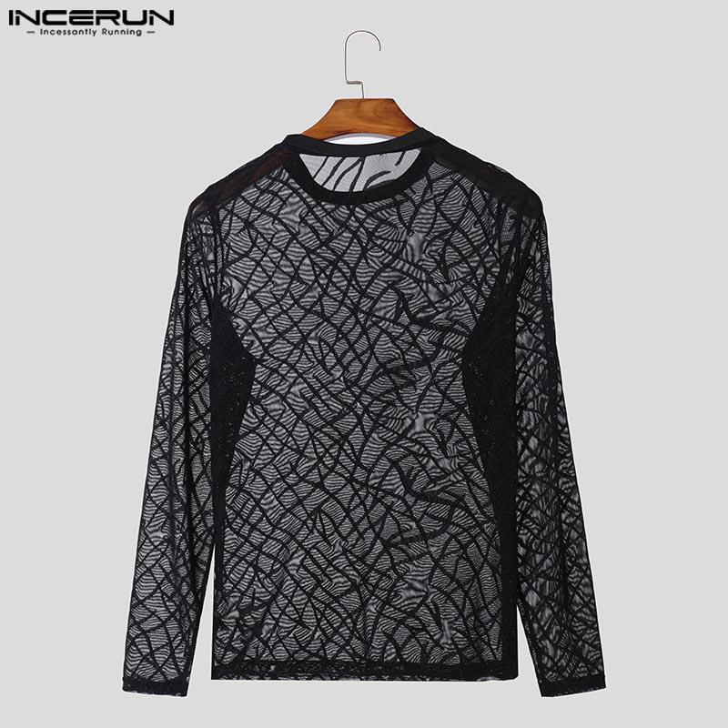 INCERUN Men Round Neck Long Sleeve Mesh Skinny Tops See Through T-shirts Undershirts