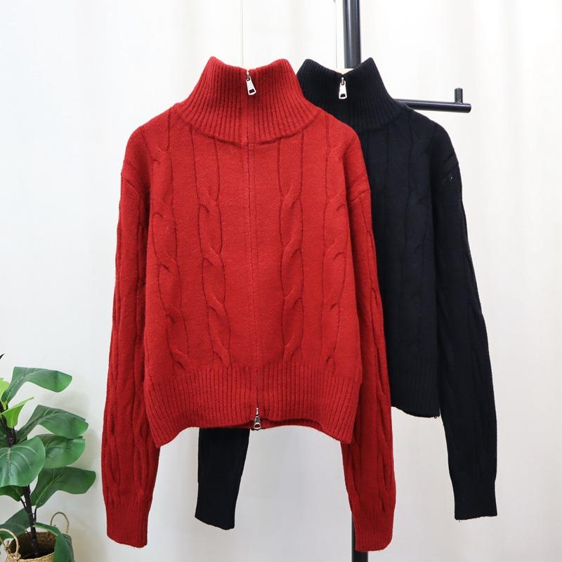 Thickened double zipper twist knitted cardigan autumn and winter new design soft waxy gentle wind sweater jacket women