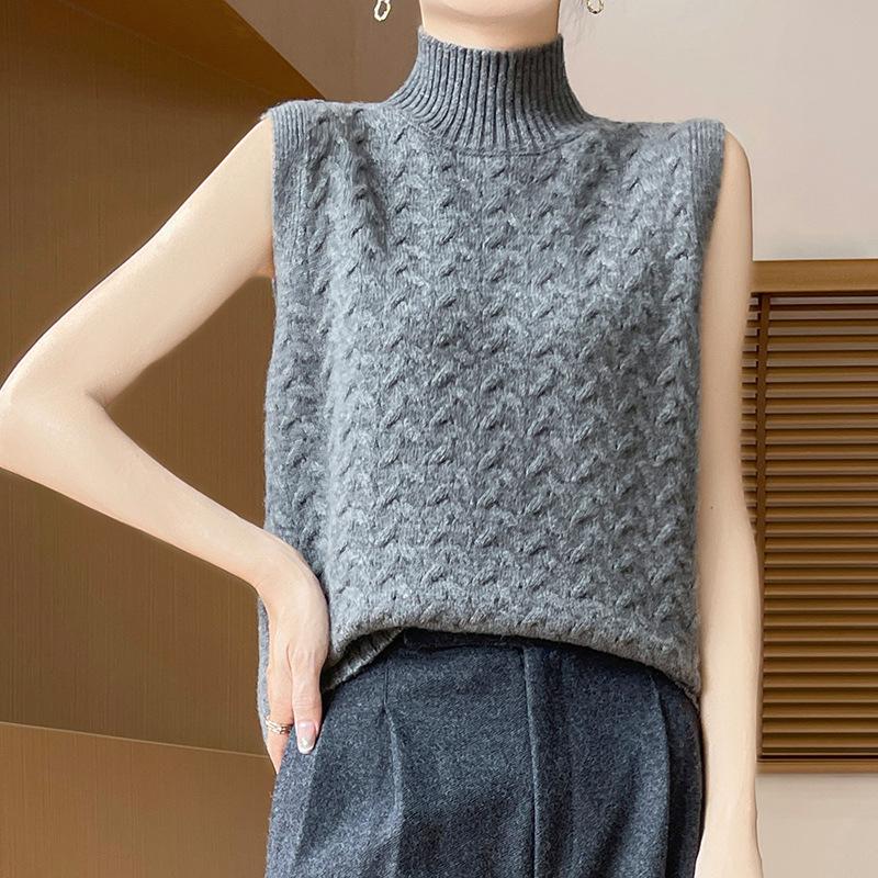 2025 Women's Wool Cable Knit Half-High Collar Sleeveless Sweater Vest