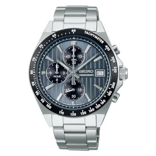 SEIKO SELECTION SBTR041 mens wristwatch battery-operated quartz chronograph blue-gray dial black date calendar equipped stainless steel