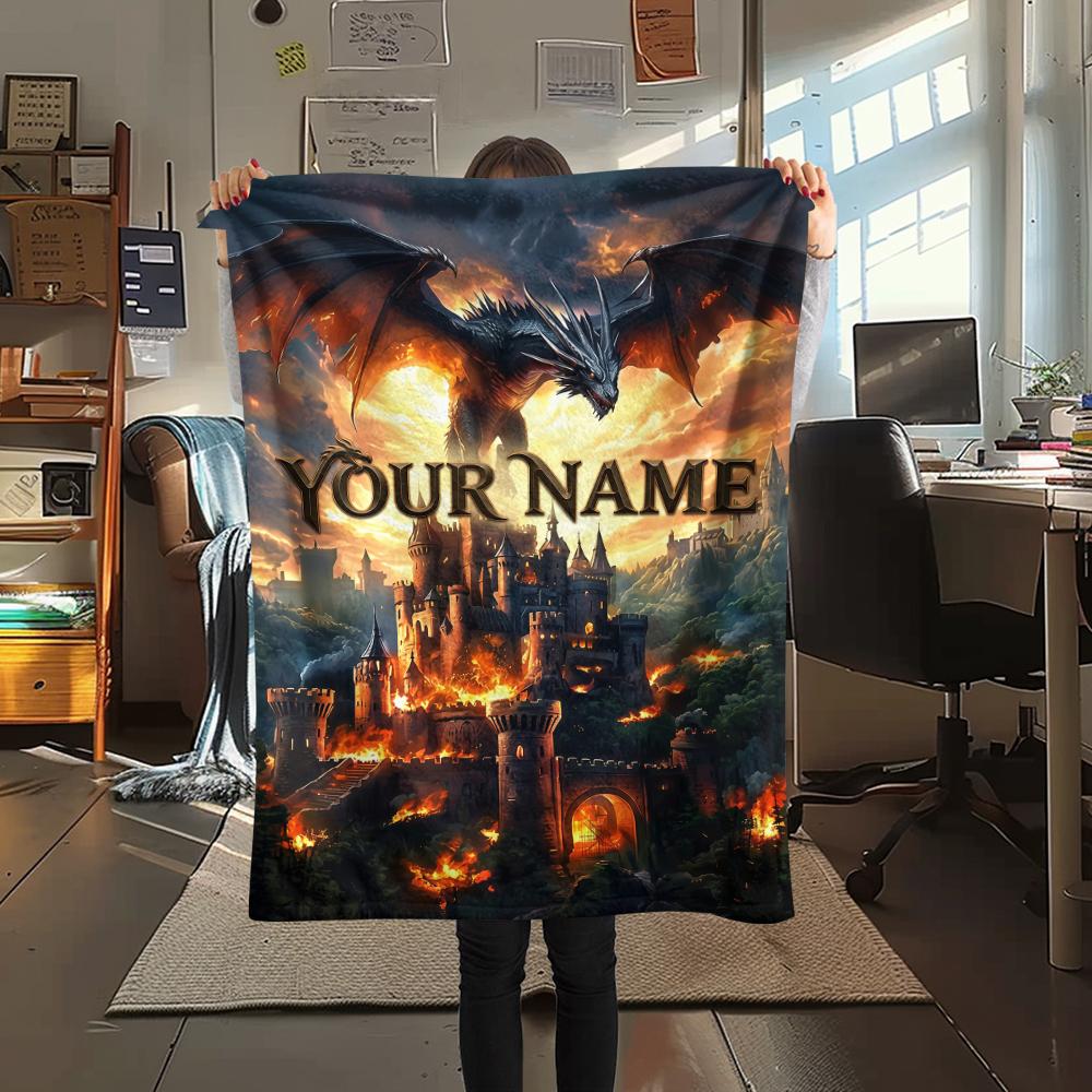 1PC Custom Name Dragon Castle Burn Patterned Flannel Blanket Suitable For All Seasons for Home Decor Warmth and Comfort Gifts Holiday Present_lx