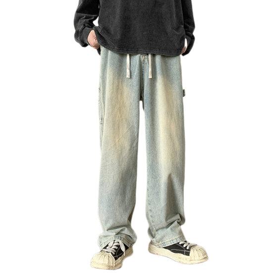 Erkek Kot Pantolon Orta katlı Elastik İpli Bel Kargo Kot Çok Cepler Düz Geniş Bacak