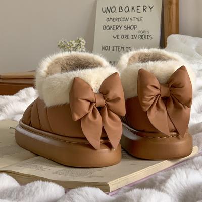 Warm Thick-soled Outer Wear Bow Cotton Slippers Women's Winter Bag Heel Velvet Cotton Shoes