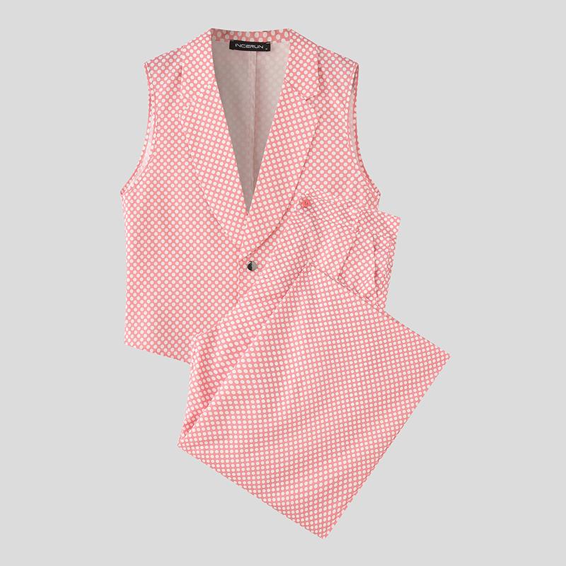 

INCERUN Мужские наряды в горошек, топы без рукавов, длинные брюки, повседневные комплекты 5XL розовый