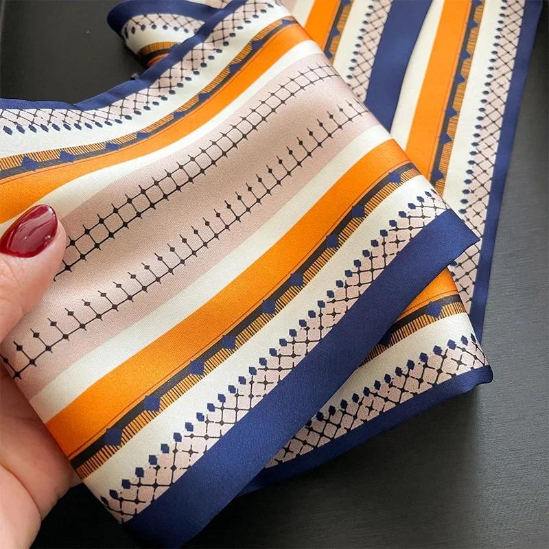 Luxury Stripe Skinny Silk Scarfs Women Foulard Neckerchief Lady Bag Ribbons Office Soft Satin Neck Tie Female Hairband Gift