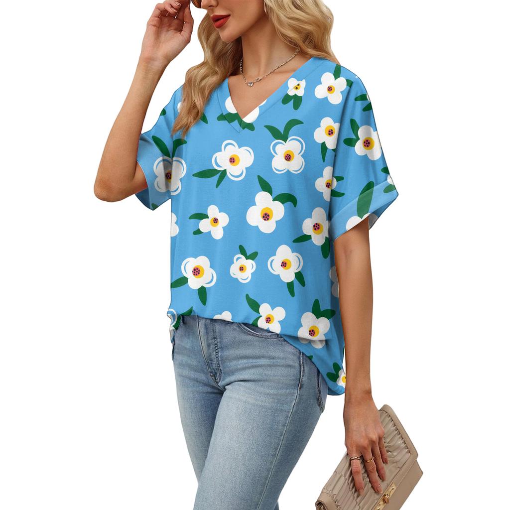 Top de Verano Casual Versátil a la Moda para Mujer con Estampado Floral Delgado de Manga Corta