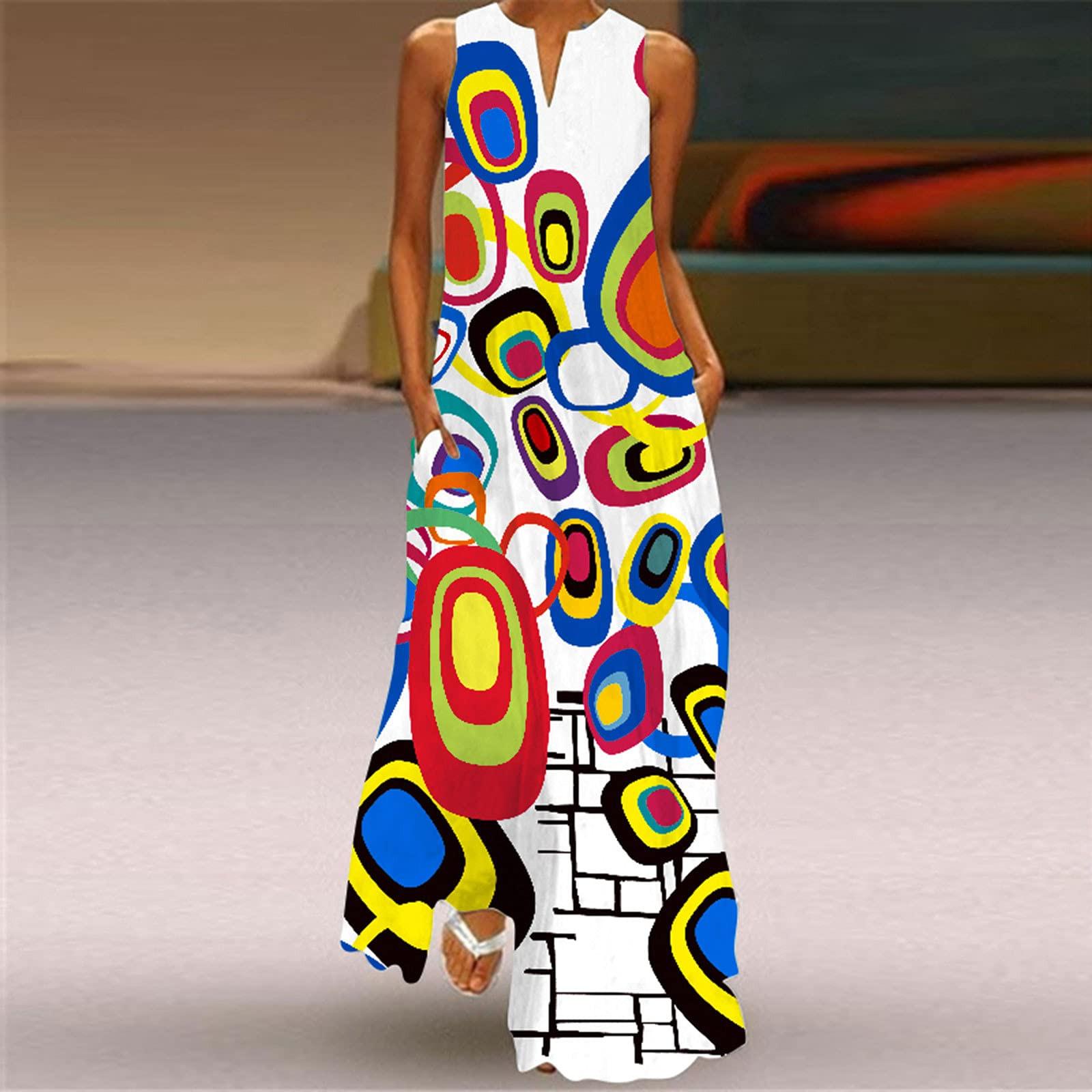 Women s Summer Maxi Dress, Ladies Casual Loose Maxi Skirt Sleeveless Floral Print Beach Maxi Dress With Pockets Pleated Dress Cotton Dress Beach Dress L белый