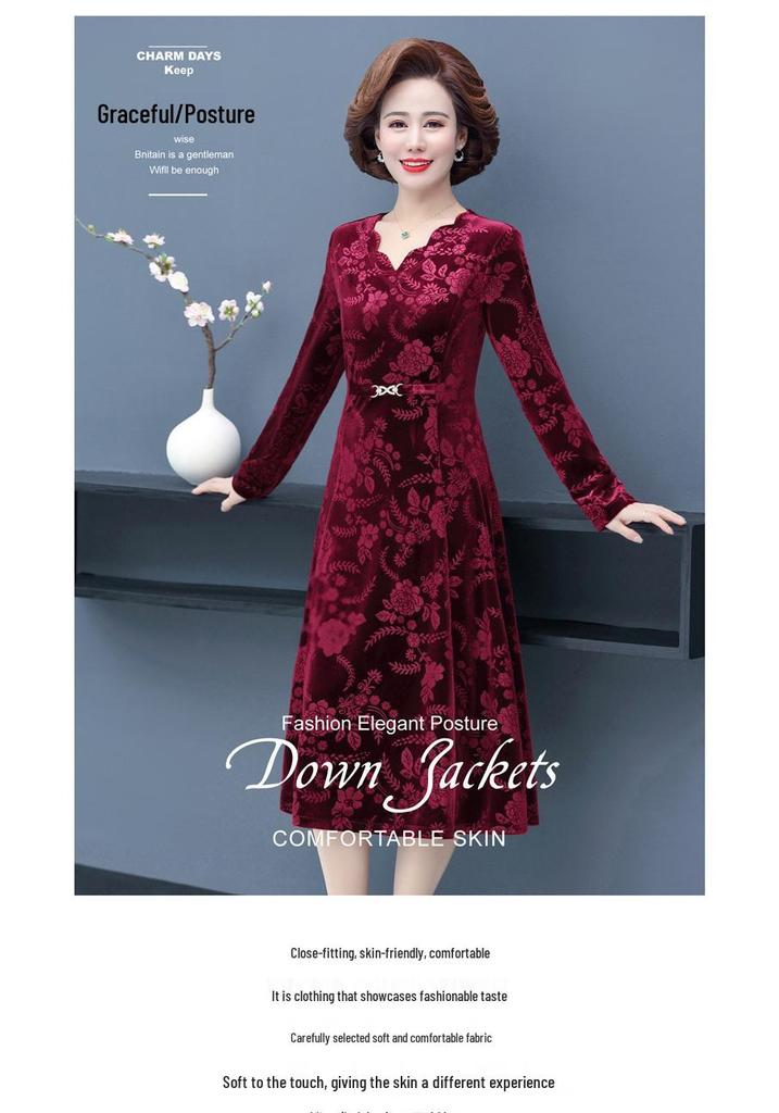Abito da Donna 2026 Primavera con Rilievo e Scollo a V per Donne di Mezza Età e Anziane - Elegante, alla Moda, Manica Lunga, Gonna ad Ampio Orlo