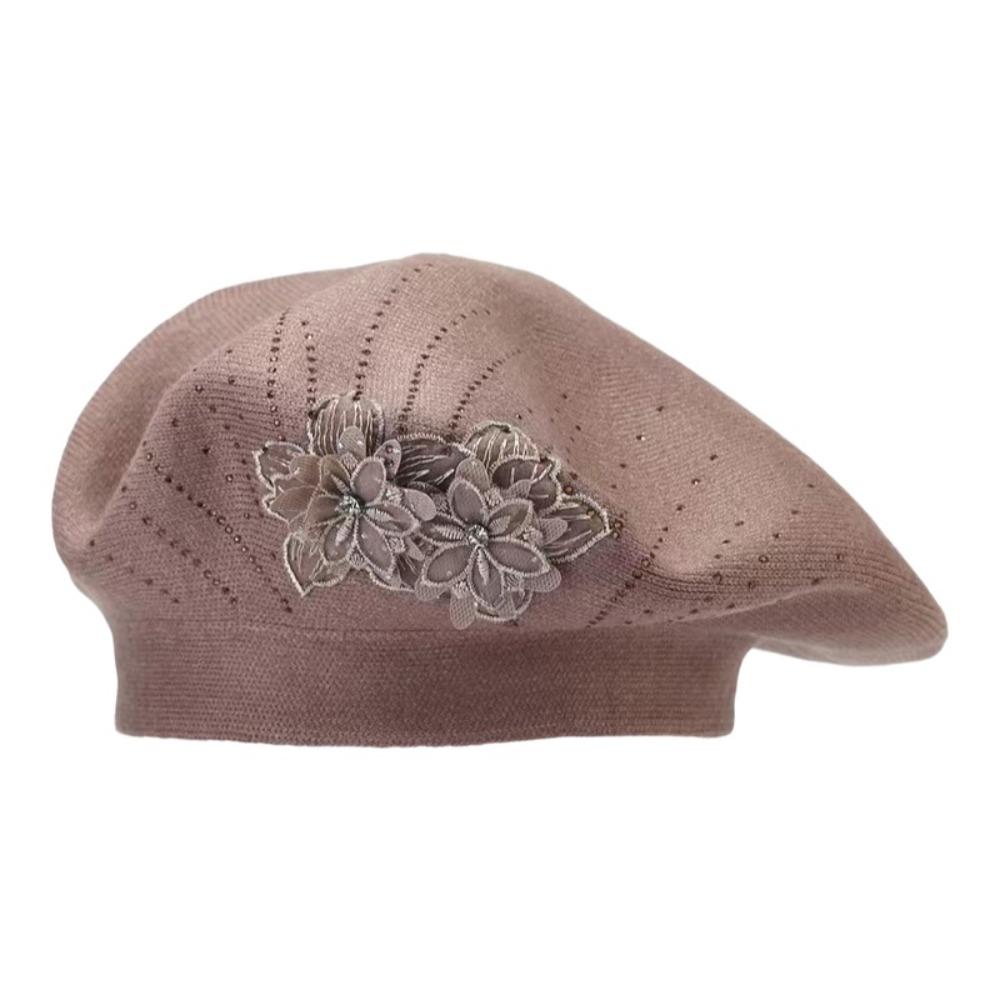 Flower Embroidery Women Beret Button Design Thick Material Woolen Hat Ear Protection Keep Warm Octagonal Hat Outdoor Activities