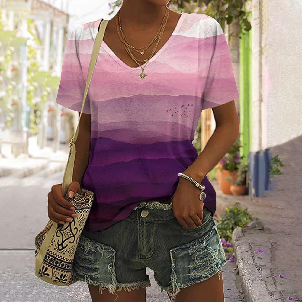 Printed Striped T-shirt New Simple Clothes Casual V-neck Short-sleeved T-shirt Retro T-shirt Summer