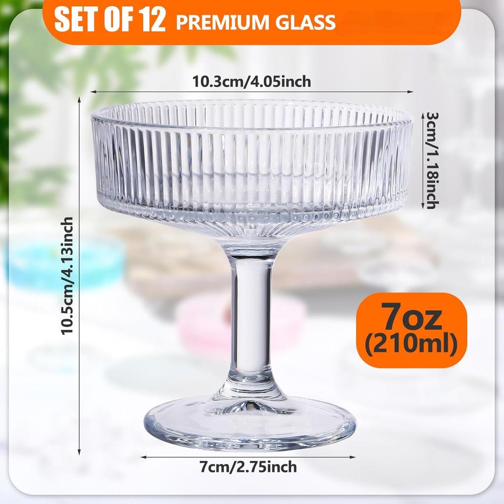 12 Pcs Ribbed Vintage Martini Glasses 7 Oz Champagne Coupe Cocktail Glassware Clear