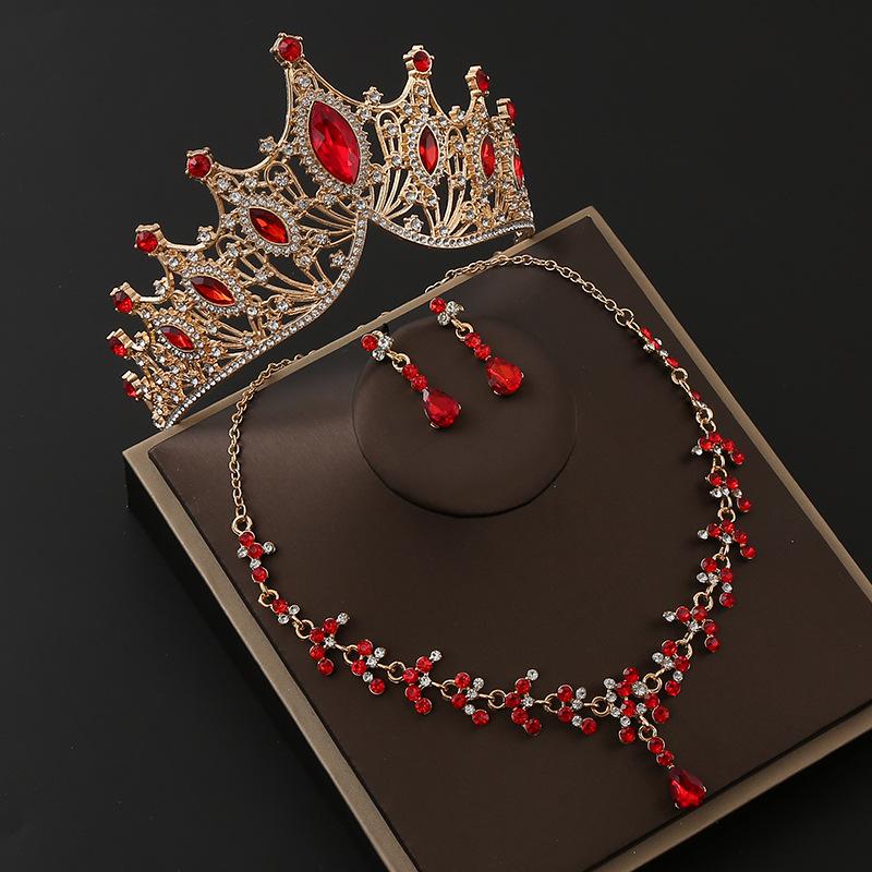 Brautkrone Legierung Strass Stirnband Hochzeit Geburtstag Krone Tiara Halskette Ohrringe Dreiteiliges Set Farbe