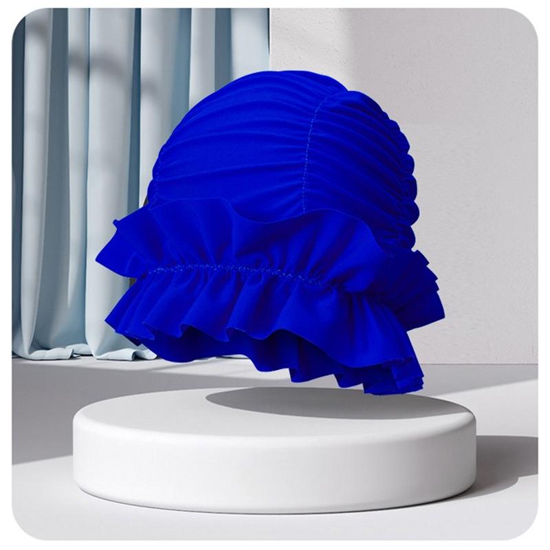 Women Ruffle Swim Cap Stretchy Ear Cover Hat Long Hair Protection Cap