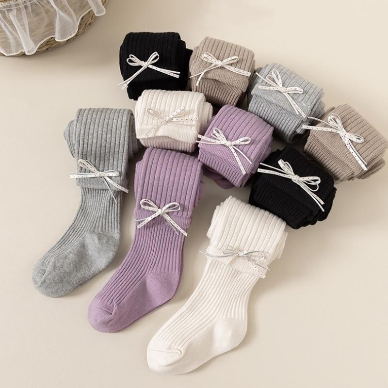 Girls Bowknot Cotton Tights Spring Autumn Vertical Striped Leggings For Kids Pure Color Versatile Children's Pantyhose 2-7Years