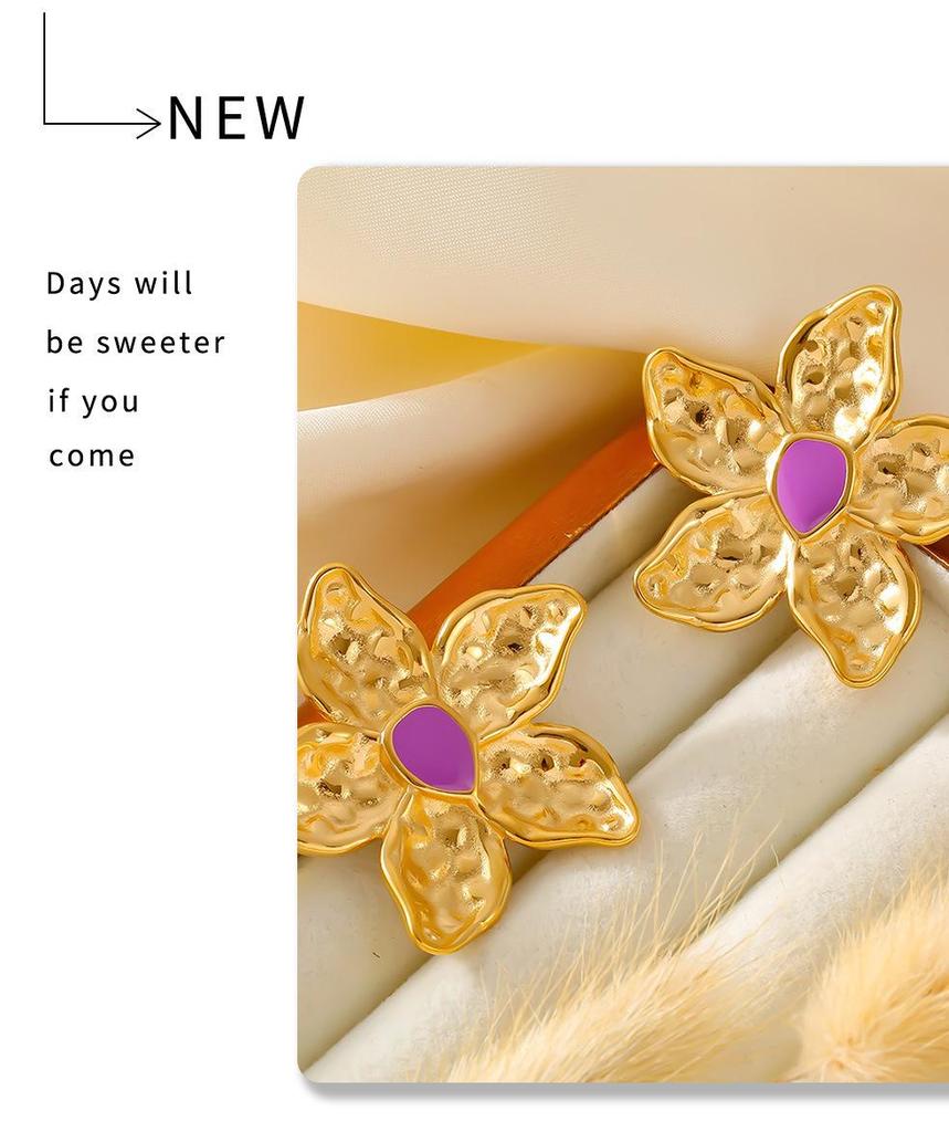 18K Gold-Plated Retro Flower Earrings: European & American Style, Exaggerated Stainless Steel Design for Women