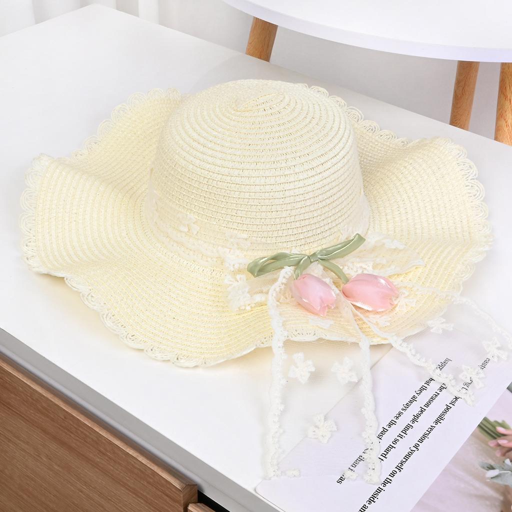 Lace Bow Straw Hat Women's Summer French Large Brim Sunscreen Hat Seaside Beach Vacation Sun Hat
